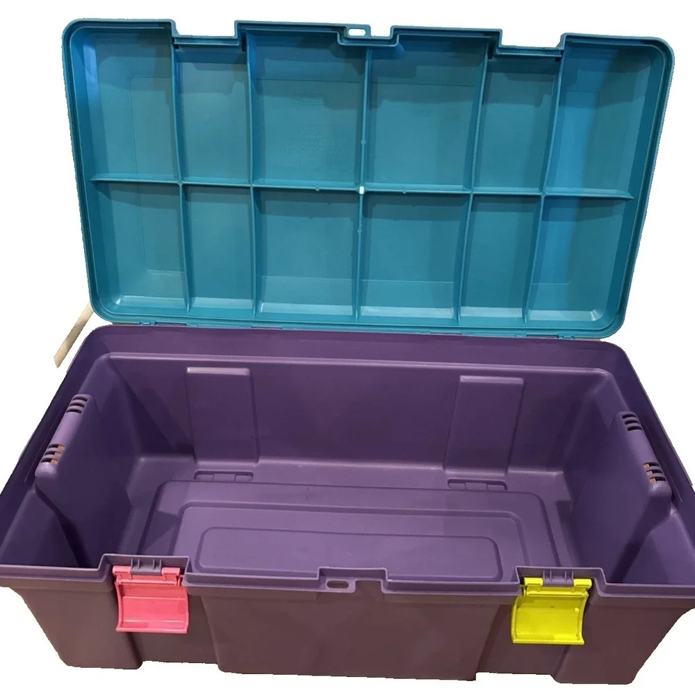 Vintage 1991 Rubbermaid Keepers Totelocker - Aqua Colorblock Storage Tote 2156